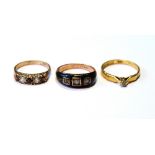 22ct gold band ring with diamond, 3.4g, and two others, 9ct, 6.1g.   (3)