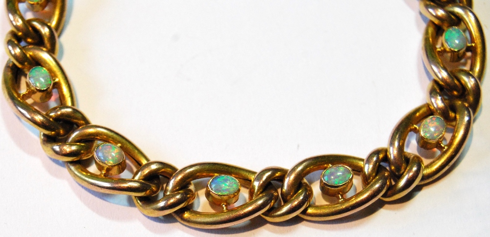 Gold bracelet of curb pattern with oval opal collets, '9c', 13g. - Image 2 of 3