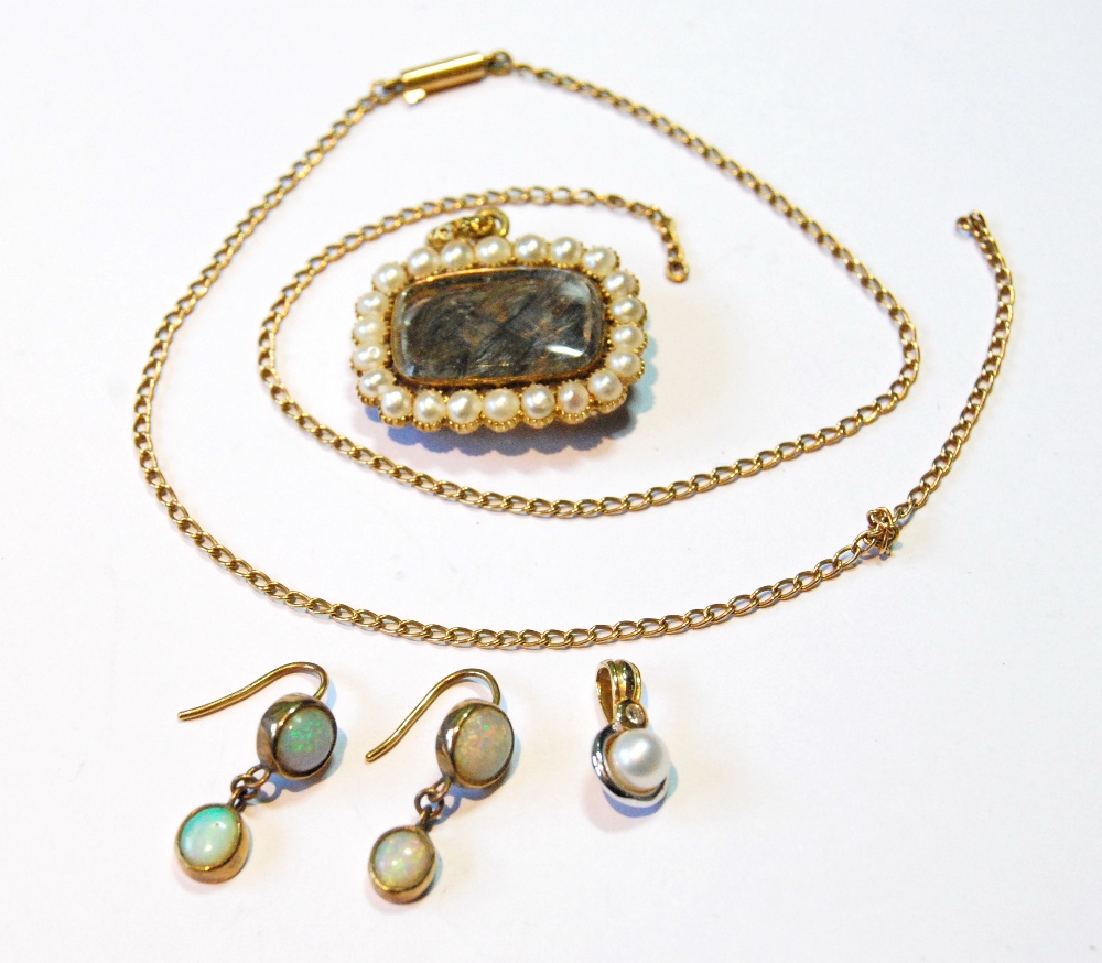 Victorian gold mourning pendant, a necklet, a pair of opal drop earrings and a pendant.   (5)
