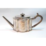 Silver teapot of straight-sided waved oval section with bright-cut bands and paterae, beaded edges