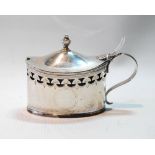 Silver oval mustard pot with pierced and engraved bands, no maker's mark visible, 1800.