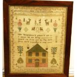 Mid 19th century sampler by Martha Bee, aged 16, 'Temptations Poison'd Air', 40cm x 34cm.