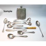 Pewter spirits flask and a quantity of flatware and cutlery.