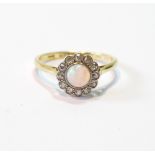 Opal and diamond cluster ring, millegrain-set, in gold, '18ct', c. 1930, size R.