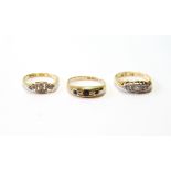 Diamond and sapphire five-stone ring and two others with diamonds, 18ct gold, 8g.   (3)