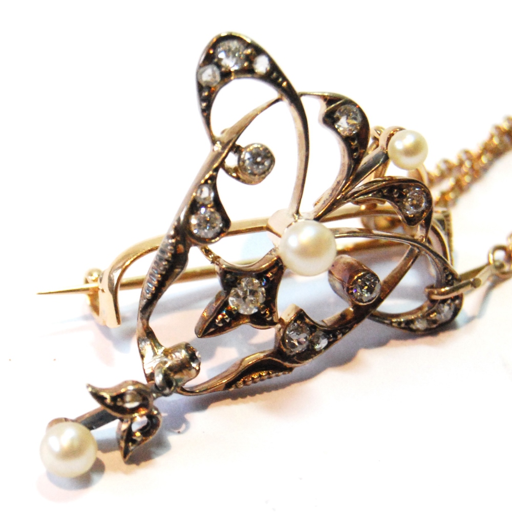 Victorian gold brooch pendant with open sprays of rose and brilliant diamonds and three pearls, - Image 2 of 2