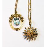 Victorian gold star brooch/pendant on beaded necklet, '9K', also an aquamarine paste pendant with
