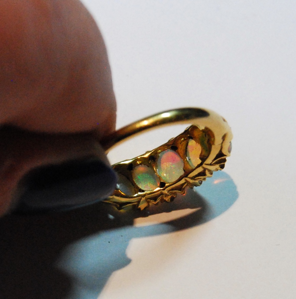 Edwardian gold half hoop ring with five opals and diamond points, in gold, probably 18ct, size L. - Image 3 of 3