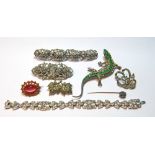 Paste brooch modelled as a lizard, in silver, and seven similar items. (8)