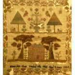 Early 19th century sampler by Mary Ann Cann, aged 8, 1829, depicting a house and trees with