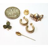 Pair of 9ct gold hoop earrings, a brooch of Art Nouveau style, '9ct', a crown, 1898, and three other