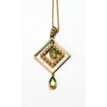 Edwardian gold square pendant with two peridot and pearls, '15'.
