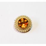 Victorian gold circular brooch with citrine and two rows of pearls, probably 15ct, 22mm.