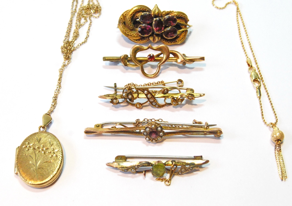 Victorian gold and garnet brooch, four others, a locket and a pendant, with necklets.