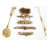 Victorian gold and garnet brooch, four others, a locket and a pendant, with necklets.