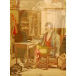 Victorian tapestry picture in polychrome wool depicting Robert Burns at work, 77cm x 58cm, in oak