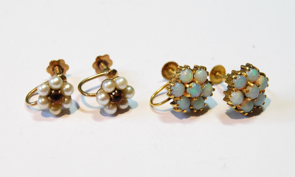 Pair of opal cluster earrings and another pair, pearls and citrine, in gold.   (4)