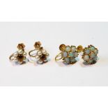 Pair of opal cluster earrings and another pair, pearls and citrine, in gold.   (4)