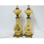 Pair 19th century banquet opaline glass oil lamps decorated with portraits of Napoleon and Josephine