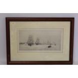 ROWLAND LANGMAID. Monochrome etching of tall ships in an estuary. 21cm x 39cm. Signed in pencil.