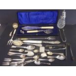 Silver sugar tongs with scallop grips Edinburgh 1821, a vesta case, various spoons, a caster with