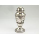 Silver pepperette of vase shape pierced and engraved with swags and pales by Morton & Co.