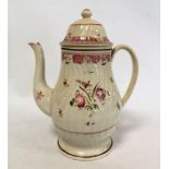 Late 18th century pearlware coffee pot with spiral fluting, puce and iron red floral sprigging and