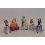 Five Royal Doulton figures: "June", M71, 11cm high; "Rose", HN1368, 12cm high; "The Little