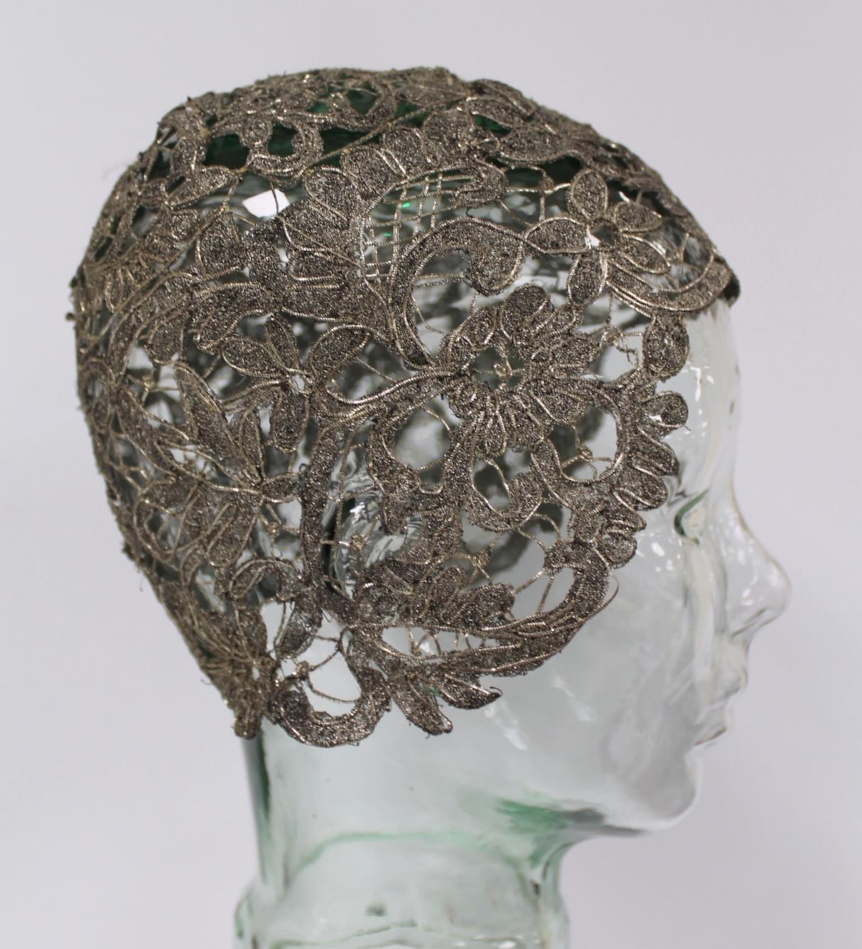 1920's silver floral lace flapper's skull cap.