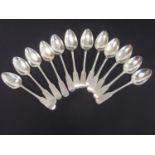 Set of twelve silver tea spoons, fiddle pattern, initialled, by W & P Cunningham Edinburgh 1824.