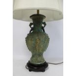 Chinese reproduction bronze table lamp, the metal base of archaic twin handled vase form with