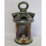 Large Gouda pottery hanging lantern of cylindrical form with conical top and single loop handle,