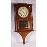 19th century wall clock within mahogany and parquetry case having turned columns, 82cm tall