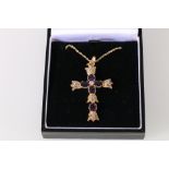 14ct gold crucifix pendant on chain set with diamonds and amethysts with certificate of authenticity