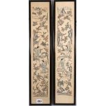 A pair of Chinese embroidered sleeve panels in satin  stitch and Pekin knots, 54.5 cm x 10.5 cm.