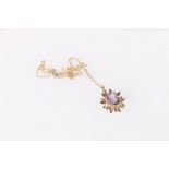 9ct gold faceted amethyst set flower head pendent on 9ct gold trace chain, 2.84g gross