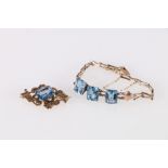 9ct gold faceted blue stone bracelet and a similar brooch, 20.4g gross