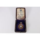 14ct gold cased keyless half hunter pocket watch by Bachschmid, to Band Leader Mr Carson Stalag