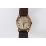 9ct gold cased Gent's Contebert Spirofix wristwatch with 15 jewel movement on brown leather strap