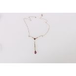 9ct gold amethyst and seed pearl pendant on fine trace chain, 3.5g