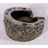 Wang Hing silver pony hoof pin cushion with pierced and repousse work decoration of two dragons