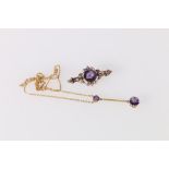 9ct gold amethyst set drop pendent on chain and a similar brooch, 6.58g gross