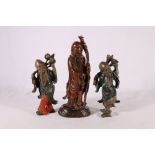 Chinese 20th Century carved wooden figure of Shou Lao with staff and basket, stand, 24cm and two