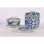 Chinese dish, lid and stand with blue & white decoration of Shi Shi dogs, four character mark to
