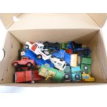 Box of various Dinky and other Land Rovers. Played with.