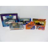 Box of various Dinky and Corgi Land Rovers etc. Boxed.