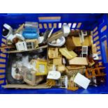 Large box of various doll's house furniture, which includes outside model shed.