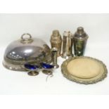 E.p. meat dish cover, two cocktail shakers, a hot water pot and various other items.