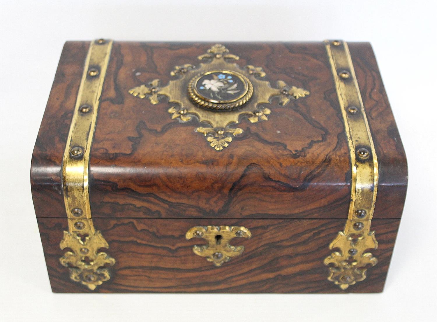 Victorian burr walnut jewellery box with additional scumbled detailing, Pietra Dura floral roundel