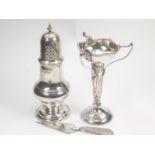 Silver pepperette, Sheffield 1900, a three handled vase and trowel book marker 1887.